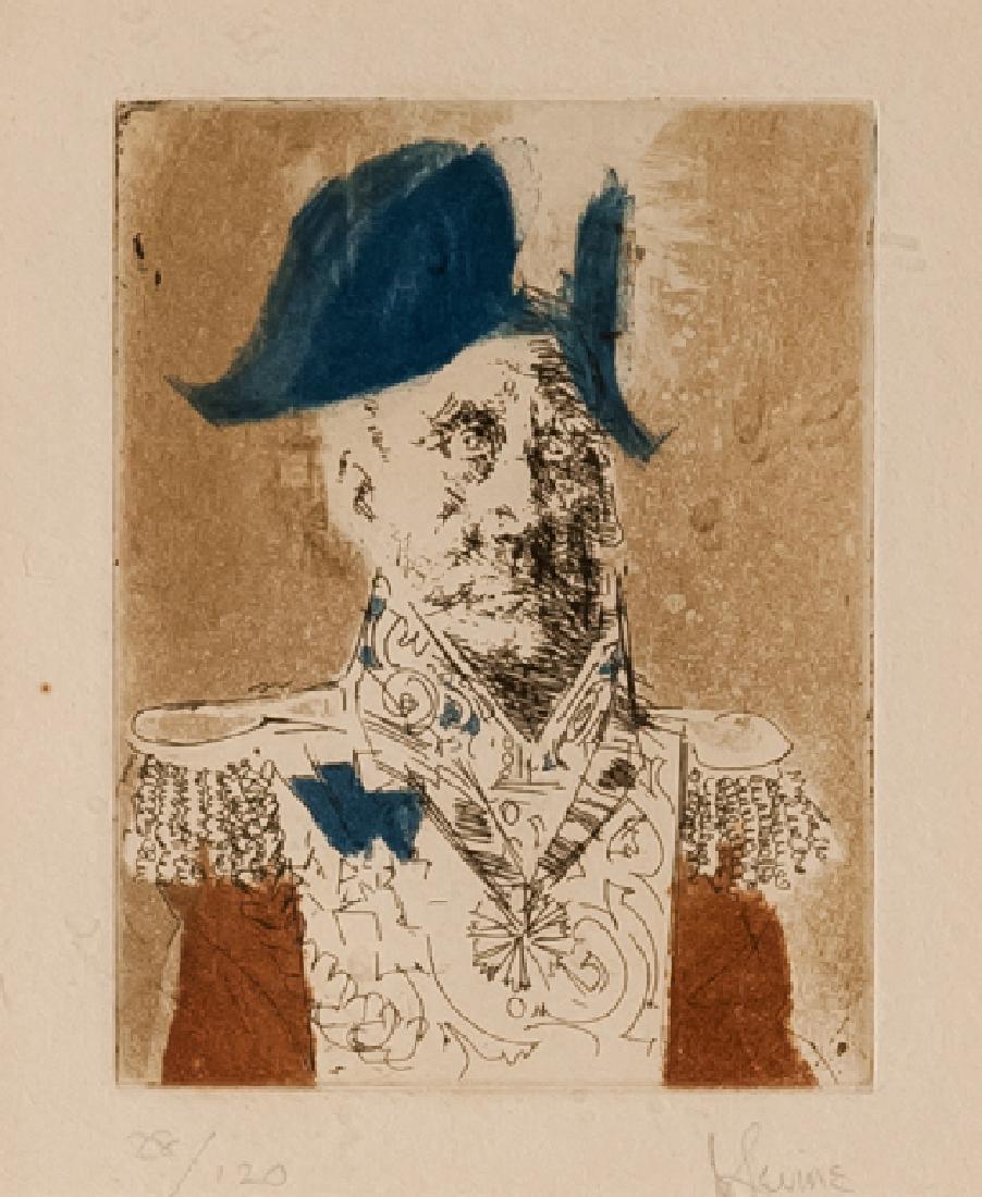 Jack Levine, Italian General, Etching and Lift Ground: Artist: Jack Levine, American (1915 - 2010) Title: Italian General Year: 1965 Medium: Etching and Lift Ground, signed and numbered in pencil Edition: 28/120 Image Size: 3.8 x 3 inches Size: 13 x 11.5