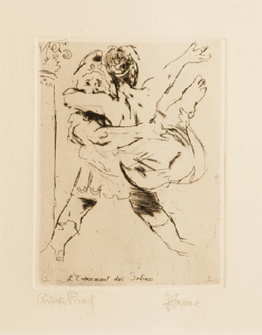 Jack Levine, L'Entrement des Sabines, Drypoint Etching: Artist: Jack Levine, American (1915 - 2010) Title: L'Entrement des Sabines Year: circa 1970 Medium: Drypoint Etching, signed in pencil Edition: AP Image Size: 4.5 x 3 inches Size: 12 x 11 in. (30.48 x