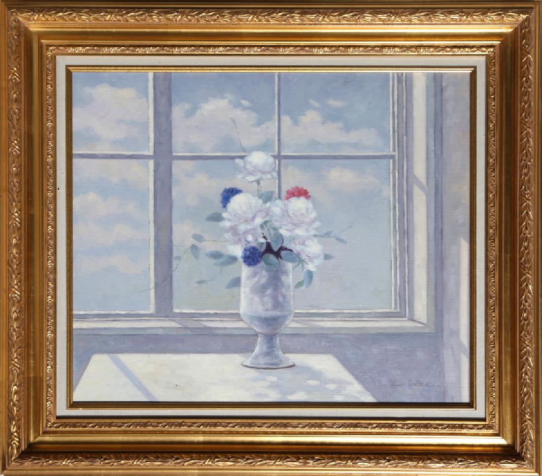 Les Bullene, Flower Still Life in front of Window, Oil: Artist: Les Bullene, American Title: Flower Still Life in front of Window Year: circa 1960 Medium: Oil on Canvas mounted to Wood, signed Size: 20 x 24 in. (50.8 x 60.96 cm) Frame Size: 28 x 32 inches