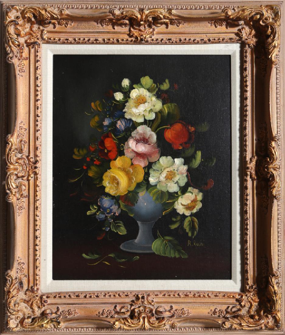 R. Rosini, Flower Still Life 1, Oil Painting: Artist: R. Rosini, Italian Title: Flower Still Life 1 Year: circa 1960 Medium: Oil on Canvas mounted to Wood, signed Size: 20 x 16 in. (50.8 x 40.64 cm) Frame Size: 29 x 24.5 inches