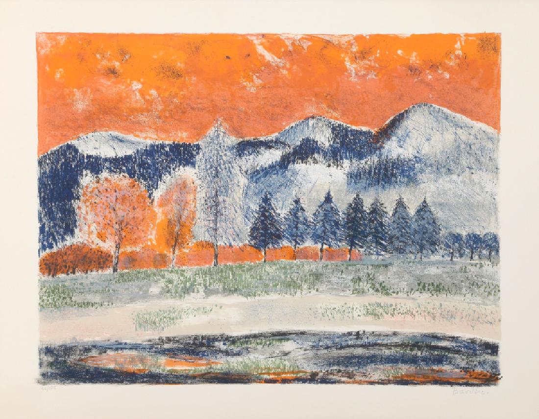 Guy Bardone, Neige au Ciel Orange, Lithograph: Artist: Guy Bardone, French (1927 - ) Title: Neige au Ciel Orange Medium: Lithograph, Signed and Numbered in Pencil Edition: 125 Size: 20 in. x 26 in. (50.8 cm x 66.04 cm)