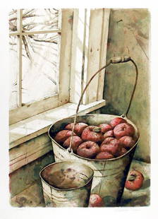 Nicholas Berger, Pail of Apples, Lithograph: Artist: Nicholas Berger, American (1949 - ) Title: Pail of Apples Year: circa 1979 Medium: Lithograph, signed and numbered in pencil Edition: 300 Size: 29.5 in. x 22 in. (74.93 cm x 55.88 cm)