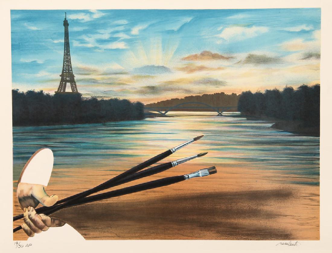 Antonio Recalcati, The Bridge of the Arts, Lithograph: Artist: Antonio Recalcati, Italian (1938 - ) Title: The Bridge of the Arts Year: circa 1979 Medium: Lithograph, signed and numbered in pencil Edition: AP 30 Image Size: 20 x 26.5 inches Size: 22 in. x