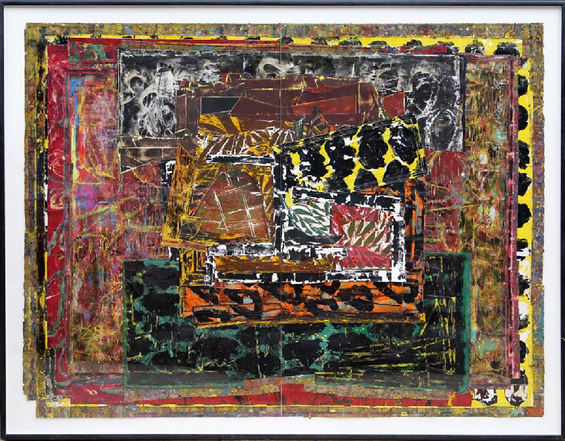 Mick Moon, Threshold, Mixed Media Collage Painting: Artist: Mick Moon, British (1937 - ) Title: Threshold Year: 1986 Medium: Mixed Media Collage on Canvas, signed and dated Size: 63 x 82 in. (160.02 x 208.28 cm) Frame Size: 70 x 90 inches