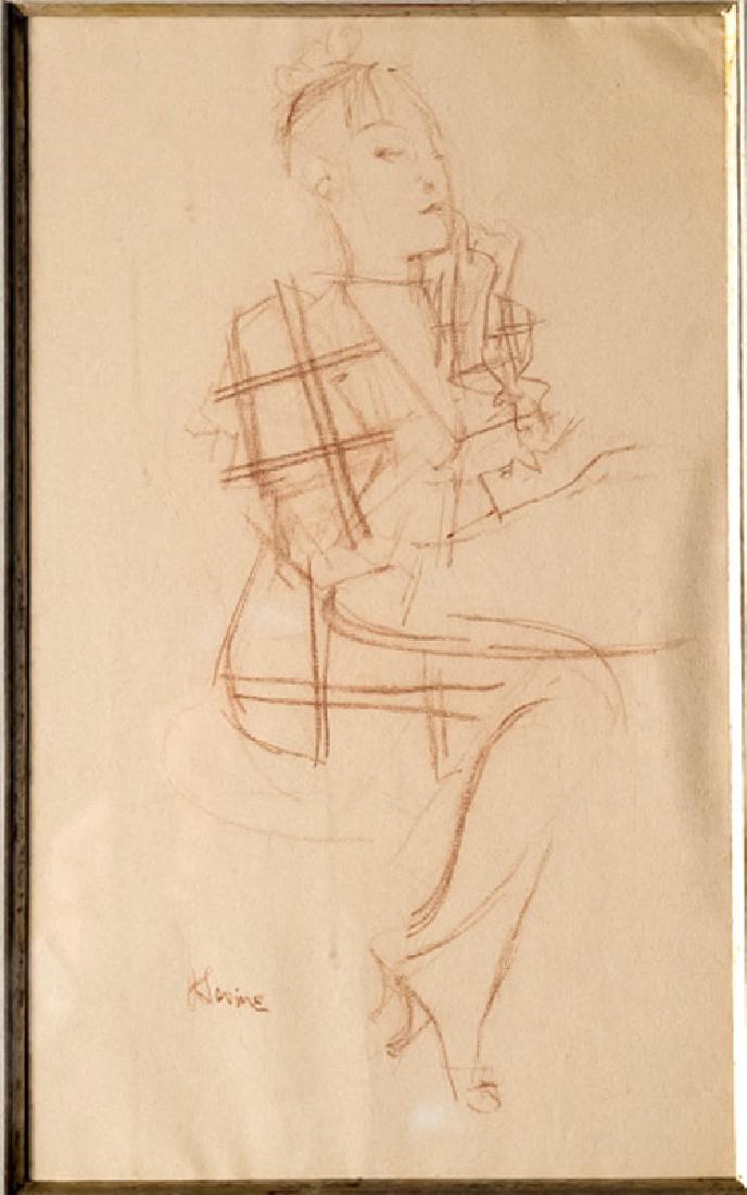 Jack Levine, Woman in Plaid Dress, Conte Crayon Drawing: Artist: Jack Levine, American (1915 - 2010) Title: Woman in Plaid Dress Medium: Conte Crayon on Paper, signed l.l. Size: 16.5 x 10 in. (41.91 x 25.4 cm) Frame Size: 26 x 20 inches