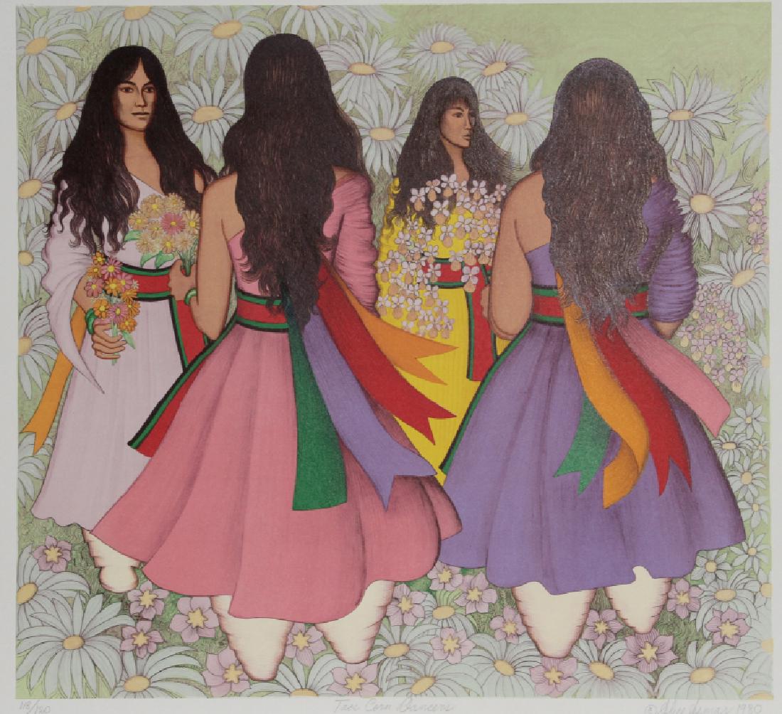 Alice Asmar, Taos Corn Dancers, Lithograph: Artist: Alice Asmar Title: Taos Corn Dancers Year: Circa 1980 Medium: Lithograph, signed and numbered in pencil Edition: 120 Image Size: 22 x 30 inches Size: 22 in. x 30 in. (55.88 cm x 76.2 cm)