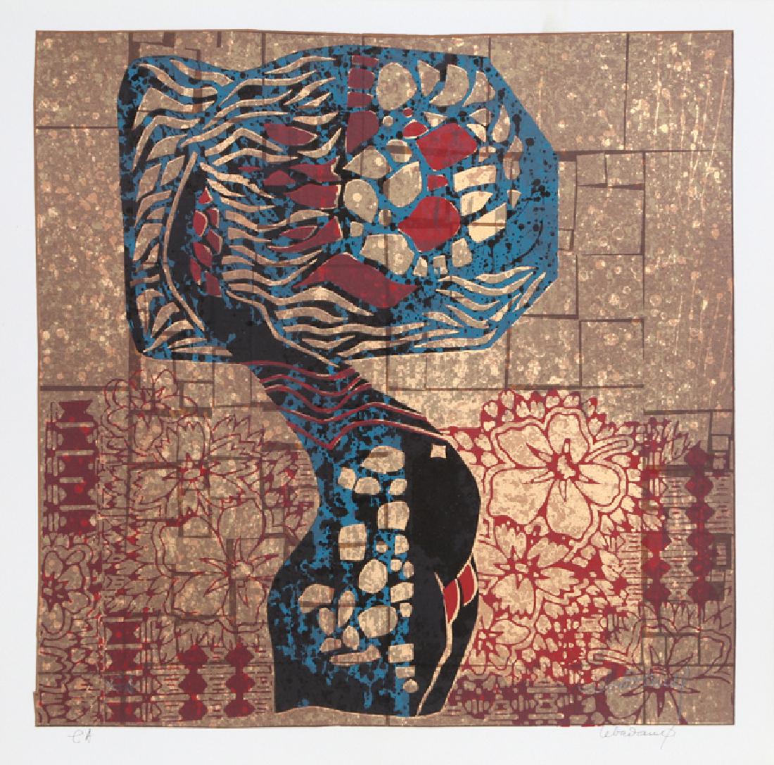 Lebadang, Undressing Nude, Screenprint with Gold: Artist: Lebadang, Vietnamese (1922 - 2015) Title: Undressing Nude Medium: Screenprint with Gold, signed in pencil Edition: EA Size: 11 x 11 in. (27.94 x 27.94 cm)