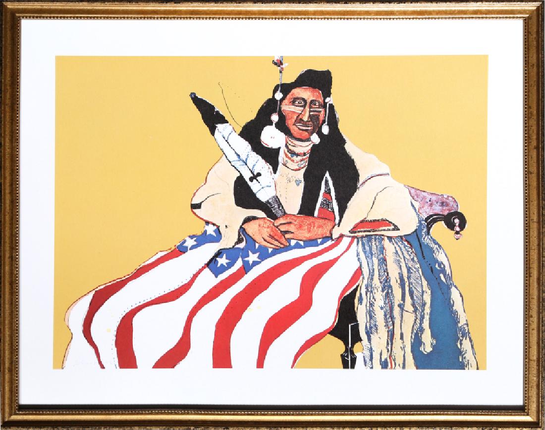 Fritz Scholder, Bicentennial Indian, Print: Artist: Fritz Scholder, Native American (1937 - 2005) Title: Bicentennial Indian Year: 1975 Medium: Offset Lithograph Image Size: 9.5 x 13 inches Size: 14 in. x 17 in. (35.56 cm x 43.18 cm)