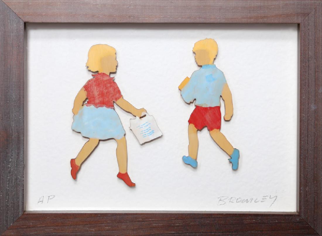 David Bromley, Girl and Boy Shopping, Wood Collage: Artist: David Bromley, British/Australian (1960 - ) Title: Girl and Boy Shopping Year: circa 2010 Medium: Wood Collage Multiple, signed in pencil Edition: AP Size: 11.5 x 15.5 in. (29.21 x 39.37 cm)