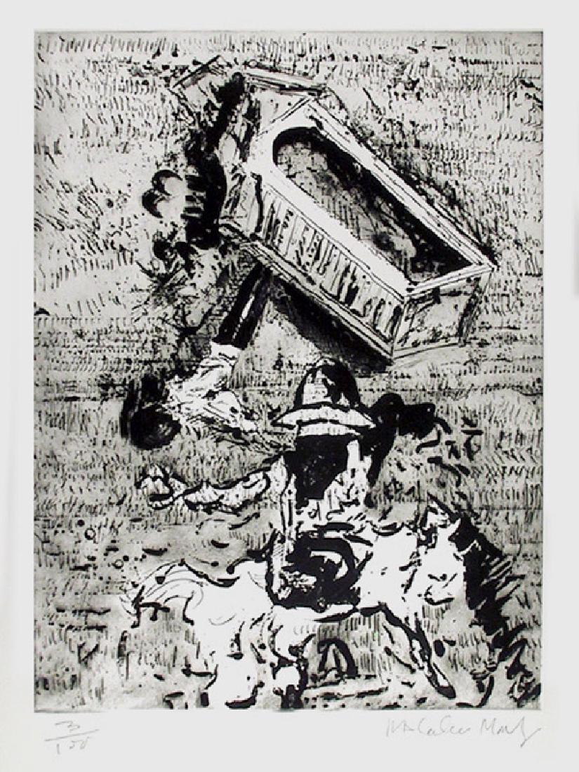 Malcolm Morley, Tower and Horseman, Etching: Artist: Malcolm Morley, British (1931 - 2018) Title: Tower and Horseman Year: circa 1980 Medium: Etching, signed and numbered in pencil Edition: 100 Size: 30 in. x 22.5 in. (76.2 cm x 57.15 cm)