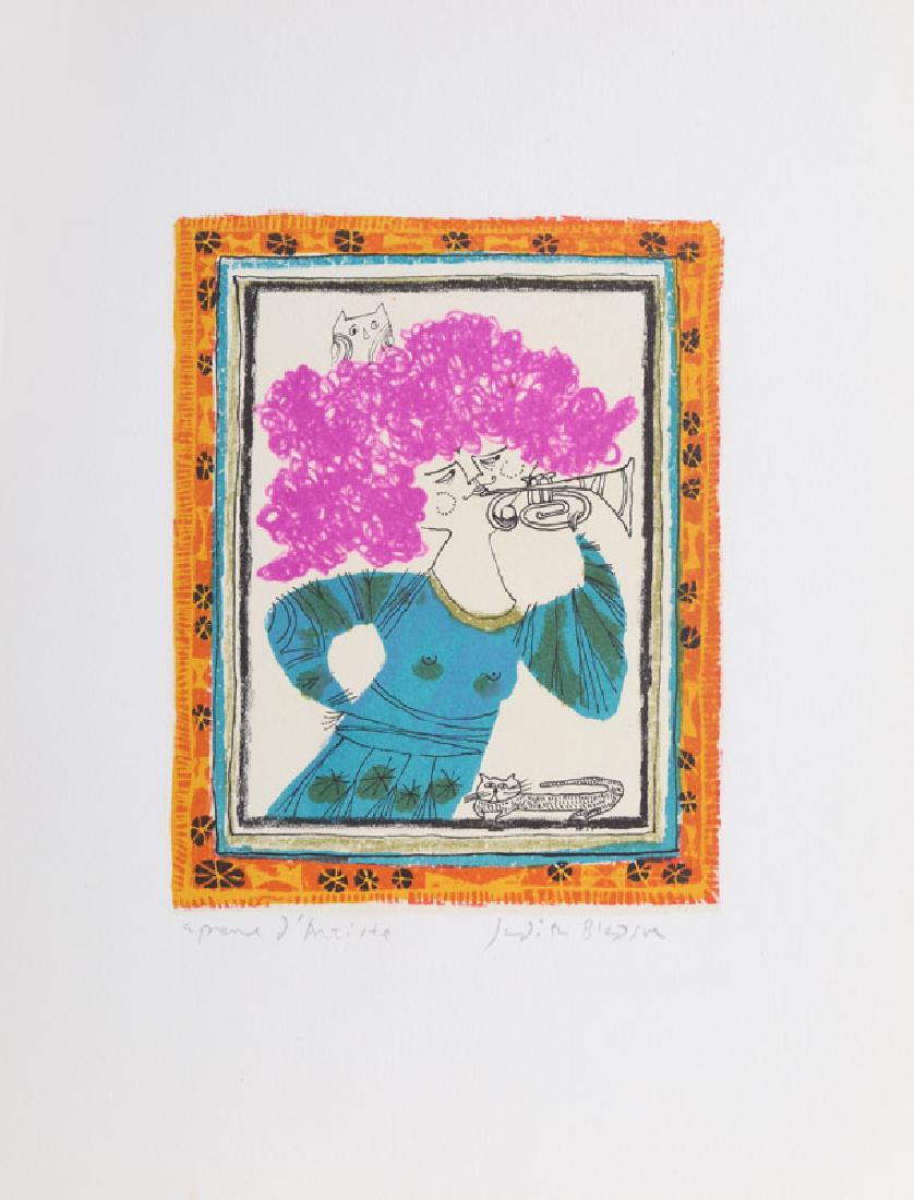 Judith Bledsoe, Petite Portrait - Trumpeter, Lithograph: Artist: Judith Bledsoe, American (1938 - 2013) Title: Petite Portrait - Trumpeter Year: circa 1974 Medium: Lithograph, signed in pencil Edition: EA Image Size: 8 x 6 inches Size: 15 x 10.5 in. (38.1 x