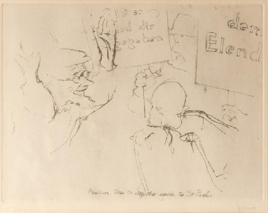 Jack Levine, Peachum Tries to Stop the March to St.: Artist: Jack Levine, American (1915 - 2010) Title: Peachum Tries to Stop the March to St. Paul's Year: 1967 Medium: Soft Ground Etching, signed and numbered in pencil Edition: 100 Size: 9.75 x 11 in.