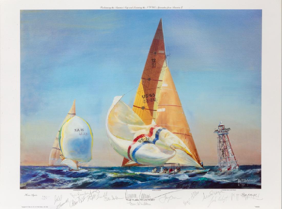 Kipp Soldwedel, The Turn to Victory, Lithograph: Artist: Kipp Soldwedel, American (1913 - 1999) Title: The Turn to Victory Year: 1987 Medium: Lithograph, signed by the artist and crew winners of the 1987 Americas Cup Edition: 200 Image Size: 18 x 24