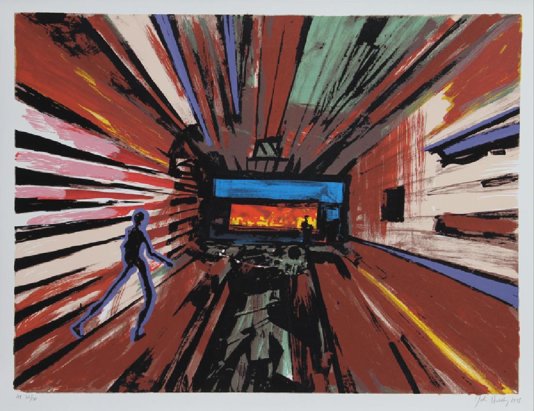 John Hultberg, Toward the Furnace, Serigraph: Artist: John Hultberg, American (1922 - 2005) Title: Toward the Furnace Year: 1979 Medium: Serigraph, signed and numbered in pencil Edition: 200, AP 30 Image Size: 24 x 32 inches Size: 26 in. x 35 in.