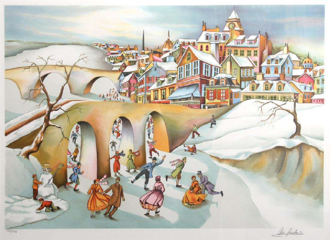 Ari Gradus, Winter Fantasy, Lithograph: Artist: Ari Gradus, Israeli (1943 - ) Title: Winter Fantasy Year: 1980 Medium: Lithograph, Signed and Numbered in Pencil Edition: 300, AP Image Size: 18 x 26 inches Size: 22 in. x 30 in. (55.88 cm x 7