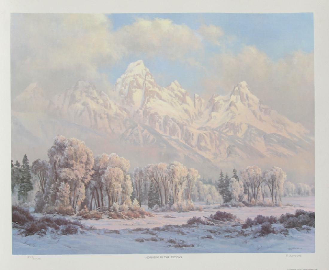 Clyde Aspevig, Morning in the Tetons, Offset Lithograph: Artist: Clyde Aspevig, American (1951 - ) Title: Morning in the Tetons Year: 1980 Medium: Offset Lithograph, Signed and numbered Edition: 1000 Size: 24 in. x 29 in. (60.96 cm x 73.66 cm)
