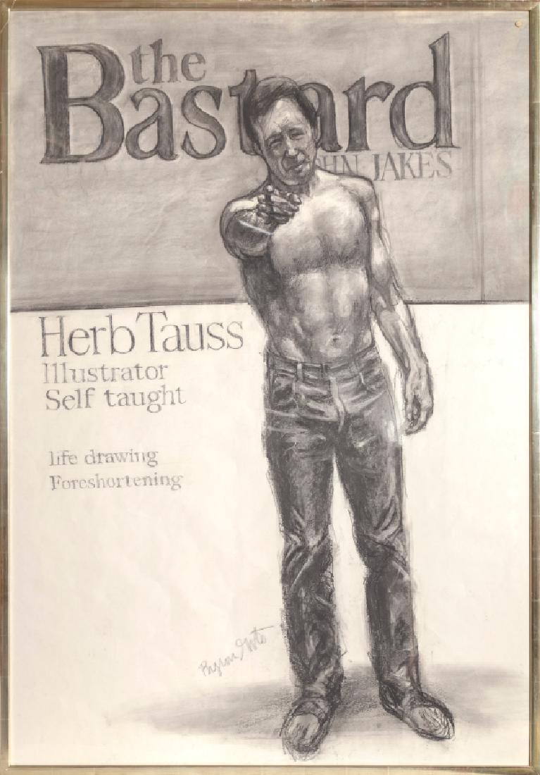 Byron Goto, Portrait of Herb Tauss, Charcoal Drawing: Artist: Byron Goto, American (1919 - ) Title: Portrait of Herb Tauss Year: circa 1975 Medium: Charcoal on Paper, signed Size: 62 x 42 in. (157.48 x 106.68 cm) Frame Size: 64 x 44 inches