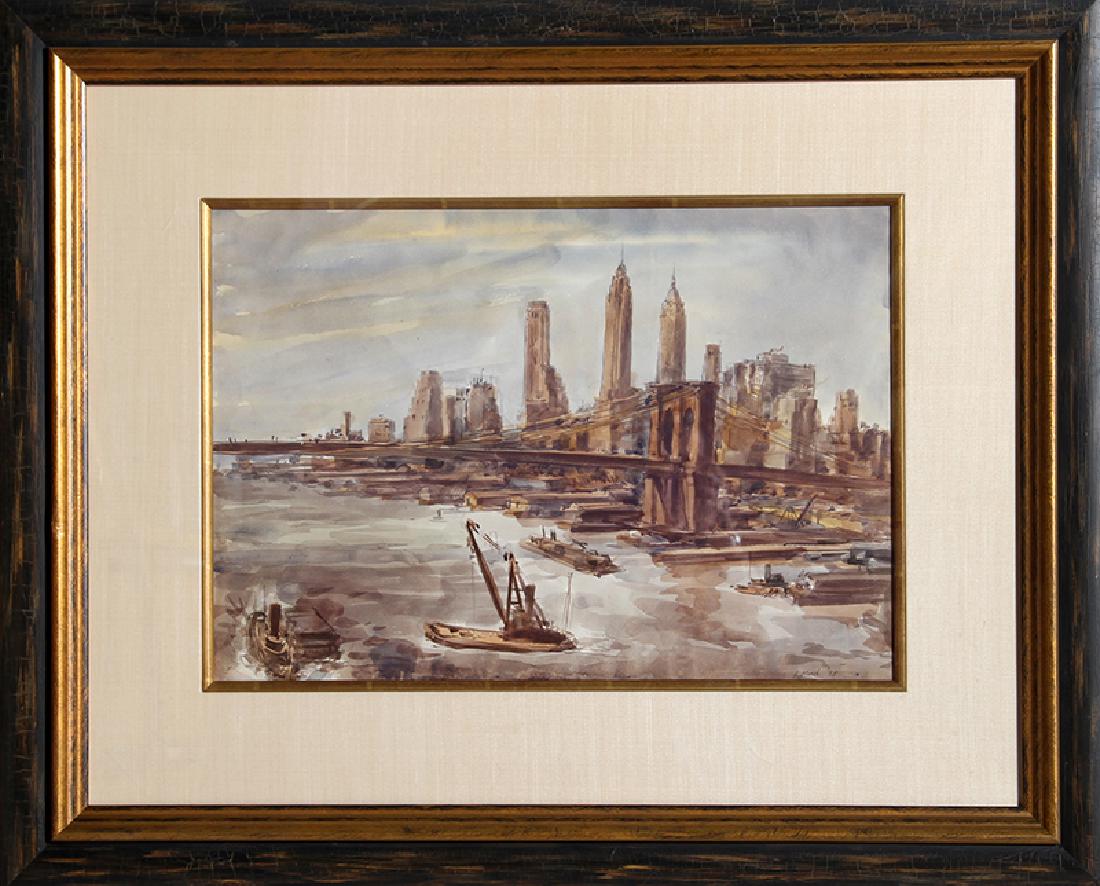 Reginald Marsh, Brooklyn Bridge and Lower Manhattan II,: Artist: Reginald Marsh, American (1898 - 1954) Title: Brooklyn Bridge and Lower Manhattan II Year: 1938 Medium: Watercolor on Paper, signed and dated l.r. Size: 14 in. x 20 in. (35.56 cm x 50.8 cm) Fr