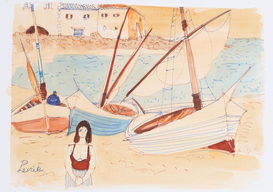 Charles Levier, Woman on Shore by Sailboats, Watercolor: Artist: Charles Levier, French (1920 - 2003) Title: Woman on Shore by Sailboats Medium: Watercolor on Paper, signed l.l. Image Size: 11 x 16 inches Size: 19.5 x 25 in. (49.53 x 63.5 cm)