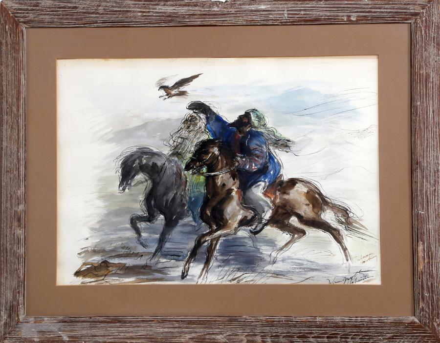 John August Groth, Tribesmen Hawking, Watercolor: Artist: John August Groth, American (1908 - 1988) Title: Tribesmen Hawking Year: circa 1940 Medium: Watercolor on Paper, signed l.r. Size: 17 x 24 in. (43.18 x 60.96 cm) Frame Sizes: 25.5 x 33 inches