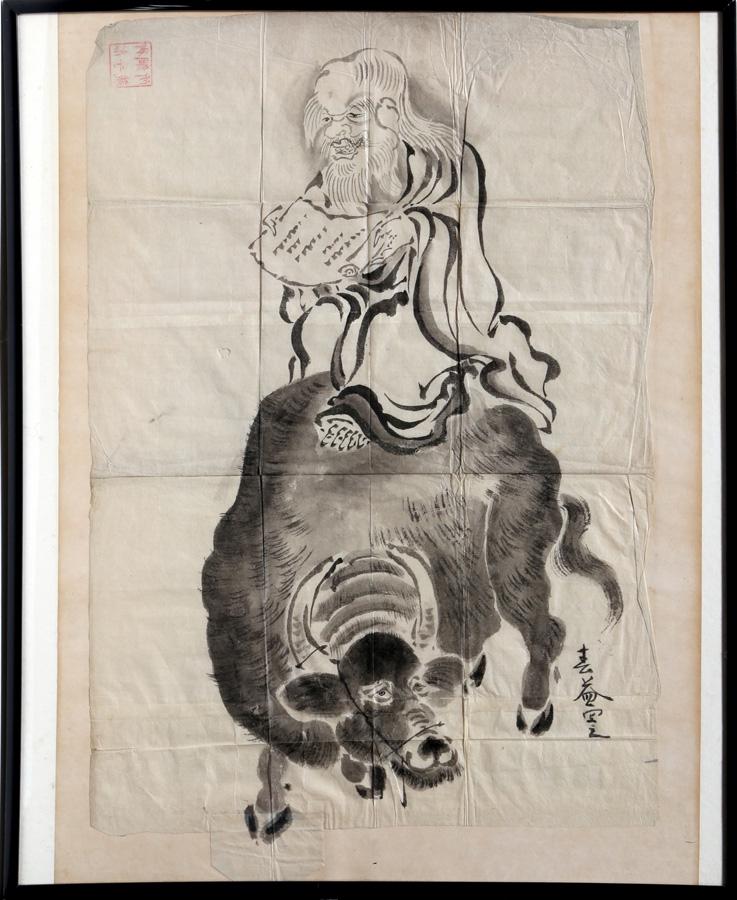 Unknown Artist: Wise Man on Bull, Watercolor and Ink: Artist: Unknown Title: Wise Man on Bull Medium: Watercolor and Ink on rice paper, stamped u.l. Image Size: 21.5 x 12 inches Size: 23.5 x 15 in. (59.69 x 38.1 cm) Frame Sizes: 24.5 x 20.25 inches