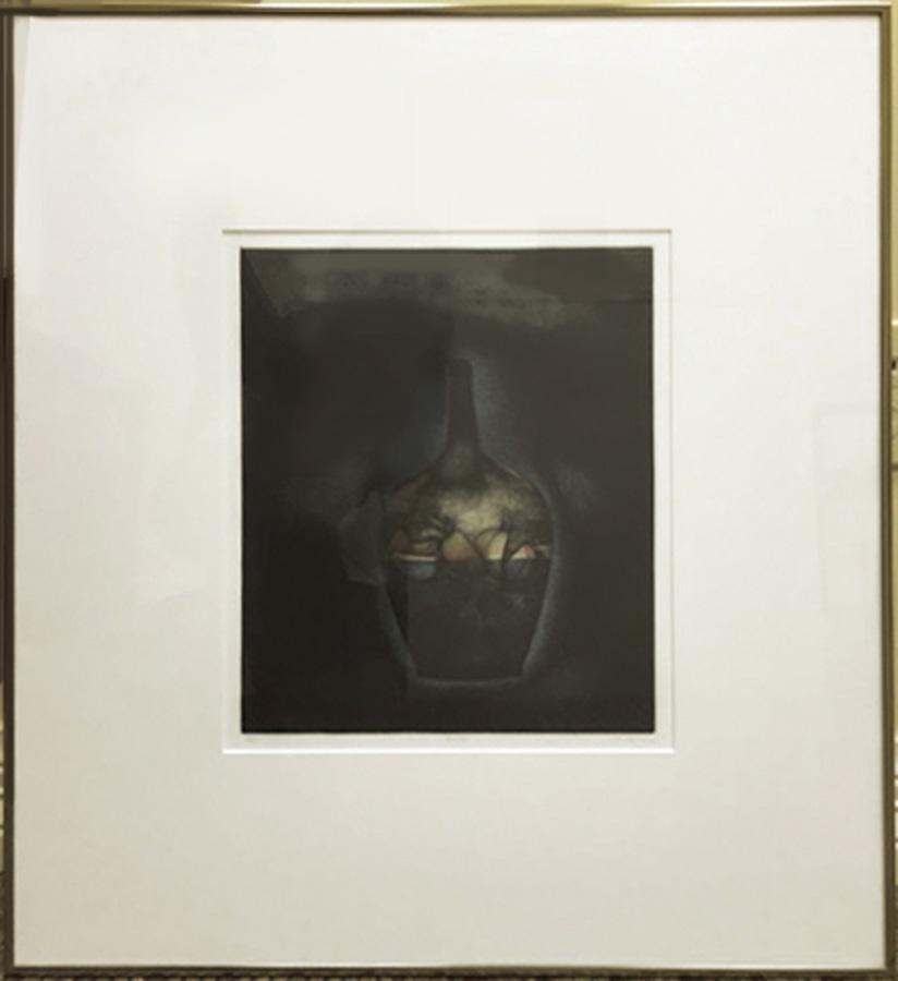 Tomoe Yokoi, Bottle, Mezzotint: Artist: Tomoe Yokoi, Japanese (1942 - ) Title: Bottle Year: circa 1980 Medium: Mezzotint, signed and numbered in pencil Edition: 55/100 Size: 14.5 x 12.5 in. (36.83 x 31.75 cm) Frame Sizes: 26.5 x 25