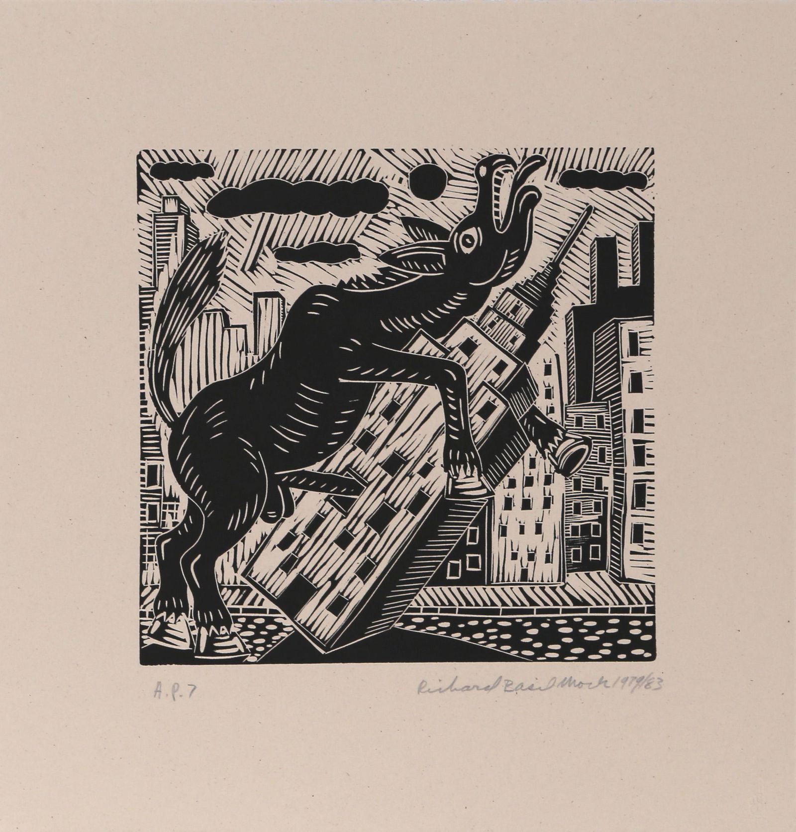 Richard Mock, Donkey on Empire State Building, Linocut (1 of 2)