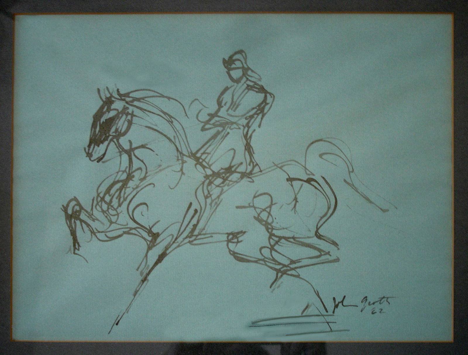 John August Groth, Soldier on Horse, Ink Drawing on: Artist: John August Groth, American (1908 - 1988) Title: Soldier on Horse Year: 1962 Medium: Ink on Paper, signed l.r. Size: 11 x 14 in. (27.94 x 35.56 cm) Frame Size: 15 x 17.5 inches