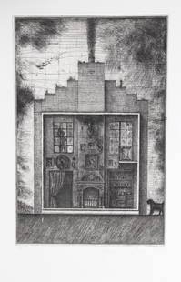 Alexander Brodsky and Ilya Utkin, House with Stag's: Artist: Alexander Brodsky and Ilya Utkin, Russian (1955 - ) Title: House with Stag's Head from Brodsky and Utkin: Projects 1981 - 1990 Year: 1990 Medium: Etching on German Rag paper Edition: 26/30 Ima
