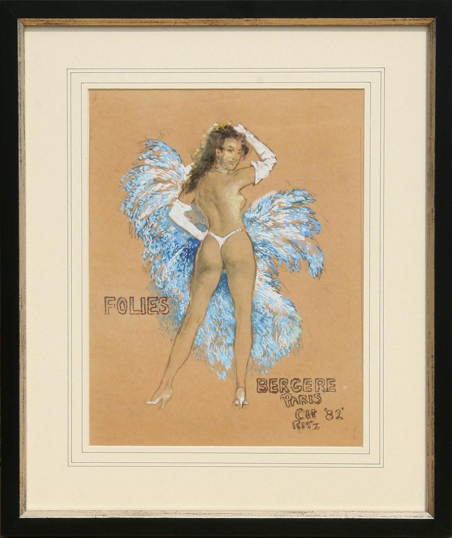 Charles Hargens, Folies Bergere, Pencil and Gouache: Artist: Charles Hargens, American (1893 - 1997) Title: Folies Bergere Year: 1982 Medium: Pencil and Gouache on Paper, signed and dated Size: 13 in. x 10 in. (33.02 cm x 25.4 cm) Frame Size: 19.5 x 16