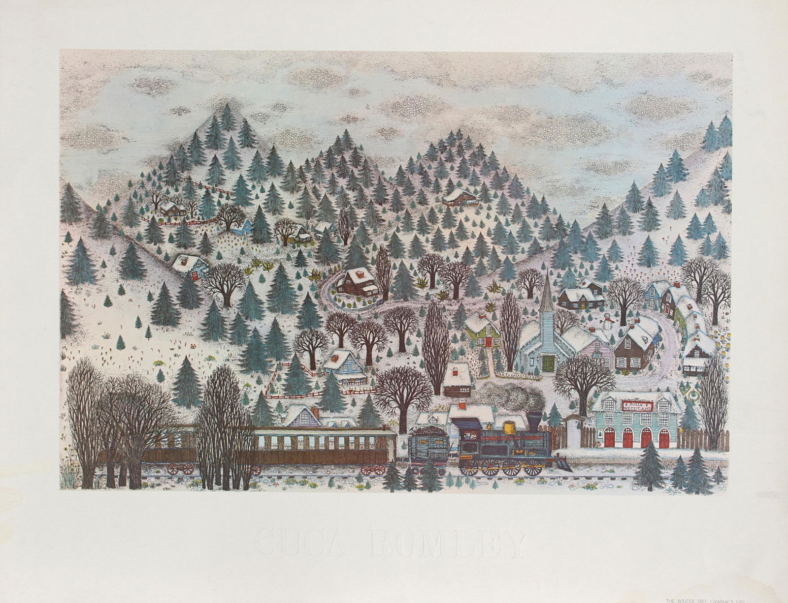 Cuca Romley, Winter Mountain Village with Train, Poster: Artist: Cuca Romley, Spanish/American (1933 - ) Title: Winter Mountain Village with Train Medium: Poster Size: 22 in. x 28 in. (55.88 cm x 71.12 cm)