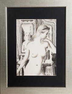 Paul Delvaux, Two Nudes, Lithograph: Artist: Paul Delvaux, Belgian (1897 - 1994) Title: Two Nudes Year: 1975 Medium: Lithograph Size: 12.5 in. x 9.25 in. (31.75 cm x 23.5 cm) Frame Size: 21 x 17 inches