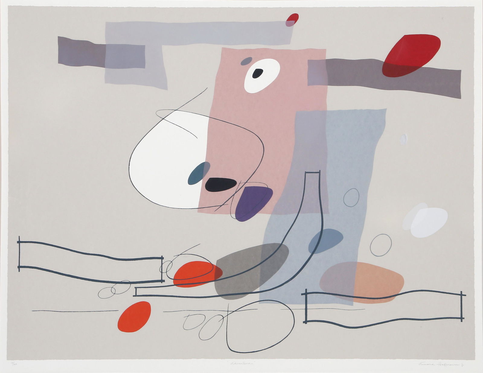 Arnold Hoffmann, Jr., Adventure, Screenprint: Artist: Arnold Hoffmann, Jr., American (1915 - 1991) Title: Adventure Year: 1985 Medium: Screenprint, signed, numbered, and titled in pencil Edition: 19/60 Image Size: 22 x 29.5 inches Size: 26 x 33 i