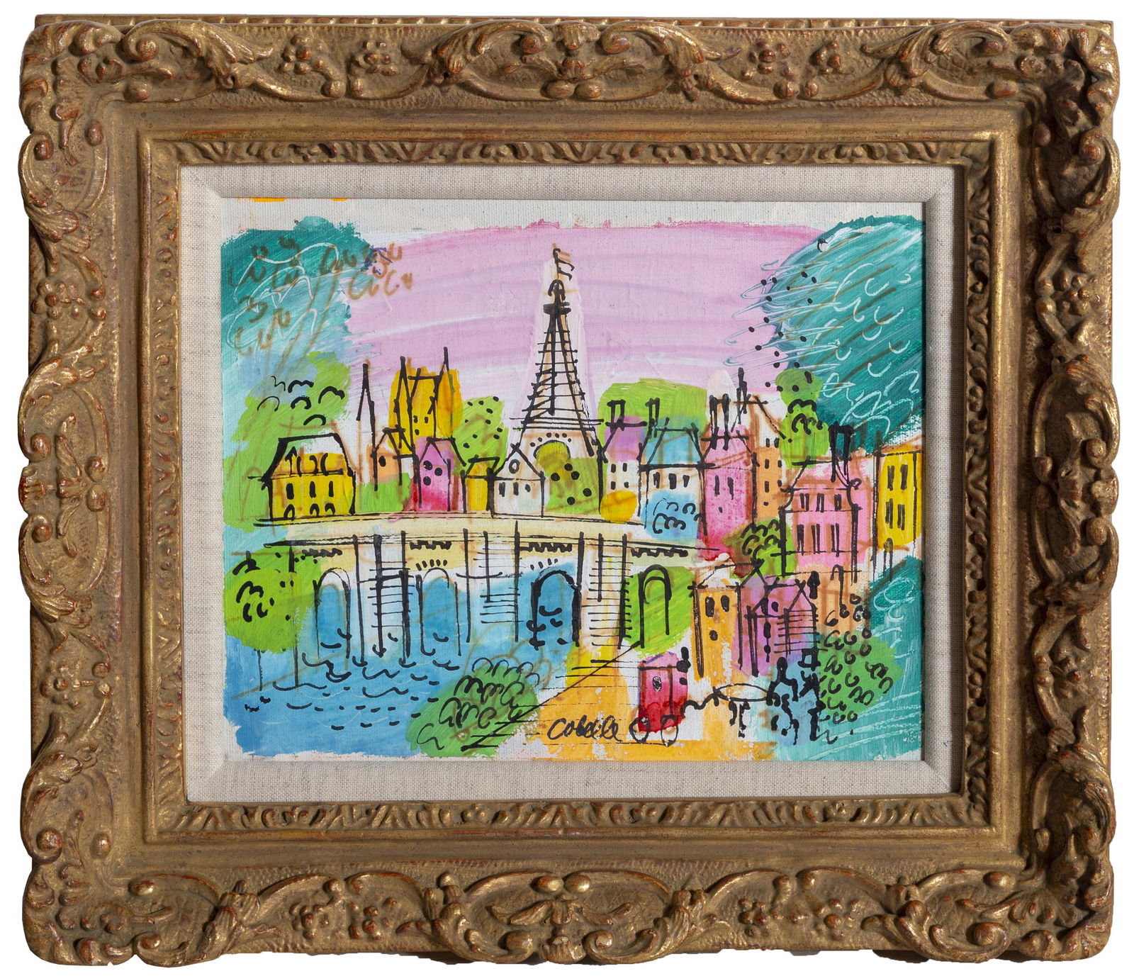 Charles Cobelle, Eiffel Tower 3, Acrylic Painting: Artist: Charles Cobelle, French (1902 - 1994) Title: Eiffel Tower 3 Year: circa 1960 Medium: Acrylic on Canvas mounted to Masonite, signed lower right Size: 8 x 10 in. (20.32 x 25.4 cm) Frame Size: 18