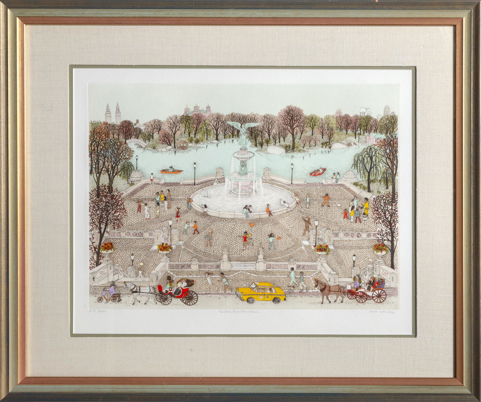 Cuca Romley, Central Park Fountain, Etching: Artist: Cuca Romley, Spanish/American (1933 - ) Title: Central Park Fountain Year: 1979 Medium: Etching, singed, numbered, and titled in pencil Edition: AP 12/20 Image Size: 14.5 x 19.5 inches Frame S