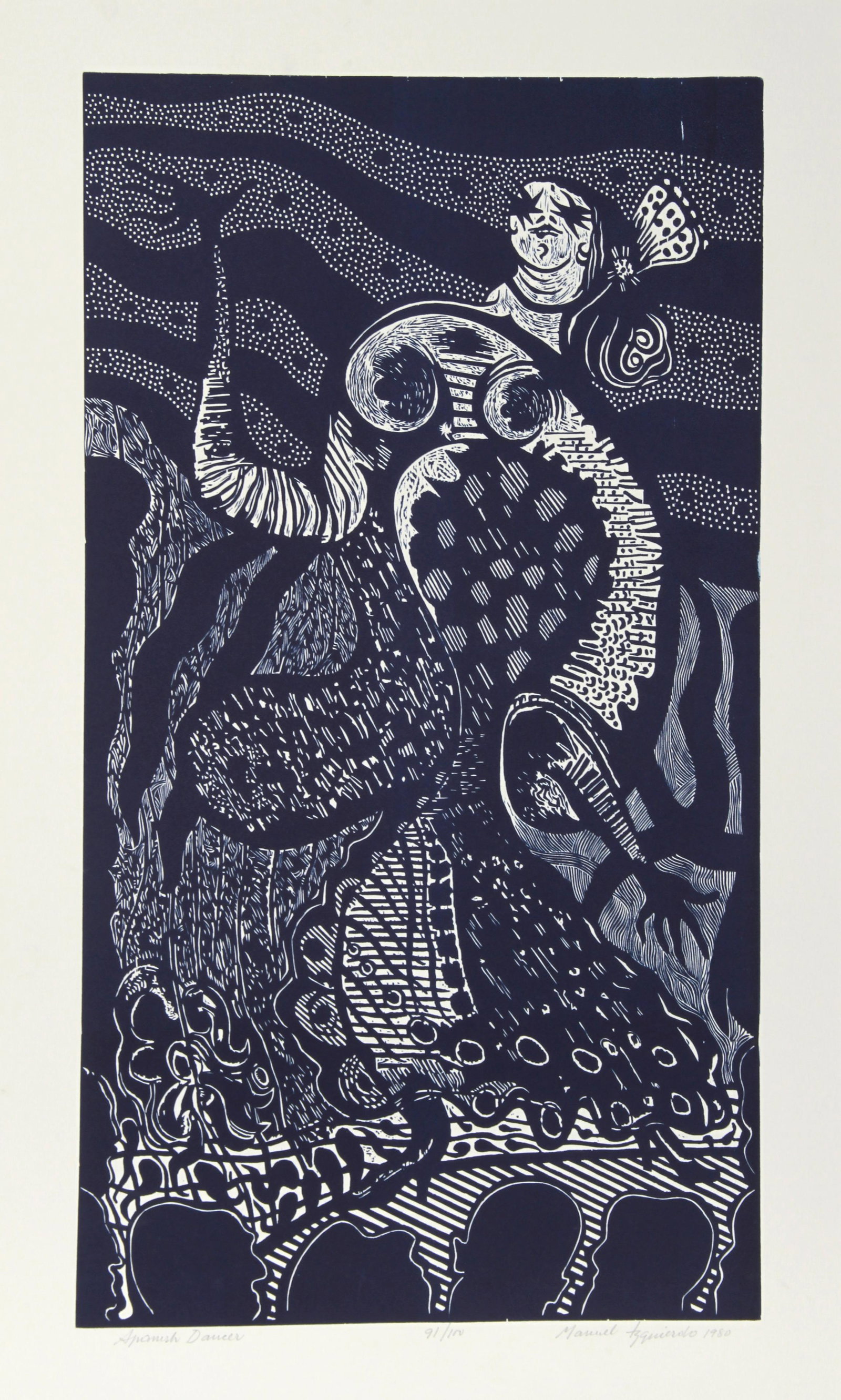 Manuel Izqueirdo, Spanish Dancer (Blue), Woodcut: Artist: Manuel Izqueirdo, Spanish (1925 - 2009) Title: Spanish Dancer (Blue) Year: 1980 Medium: Woodcut, signed and numbered in pencil Edition: 100 Image Size: 28.5 x 16 inches Size: 33 in. x 19.5 in.