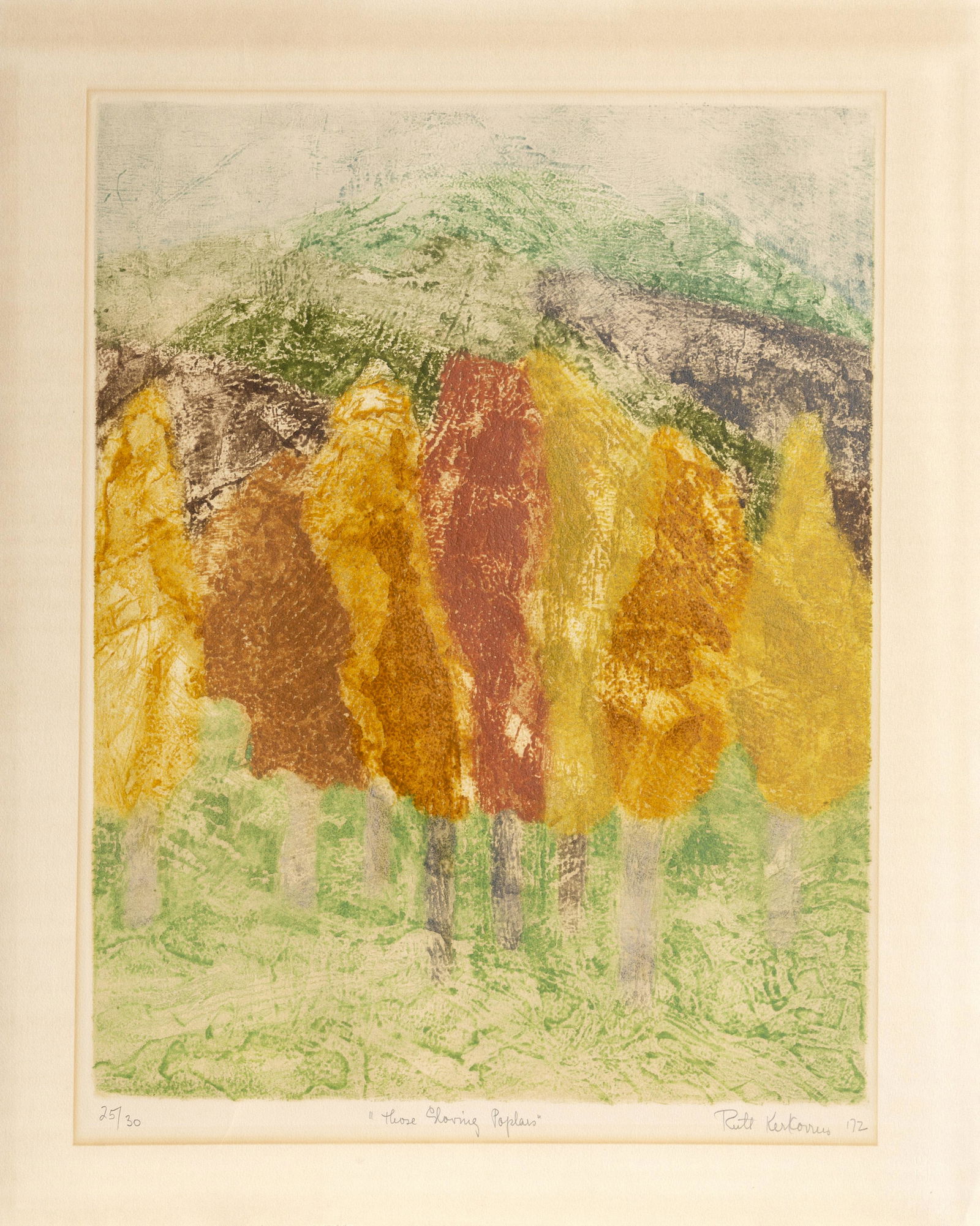 Ruth Kerkovius, Those Glowing Poplars, Intaglio Etching: Artist: Ruth Kerkovius, Latvian/American (1921 - 2007) Title: Those Glowing Poplars Year: 1977 Medium: Intaglio Etching, signed, numbered, dated, and titled in pencil Edition: 25/30 Image Size: 24 x 1