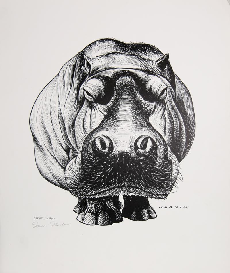 Sam Norkin, Dreamy the Hippo, Poster: Artist: Sam Norkin, American (1917 - 2011) Title: Dreamy the Hippo Year: circa 1975 Medium: Poster, Signed in marker Size: 22.5 x 19.5 in. (57.15 x 49.53 cm)