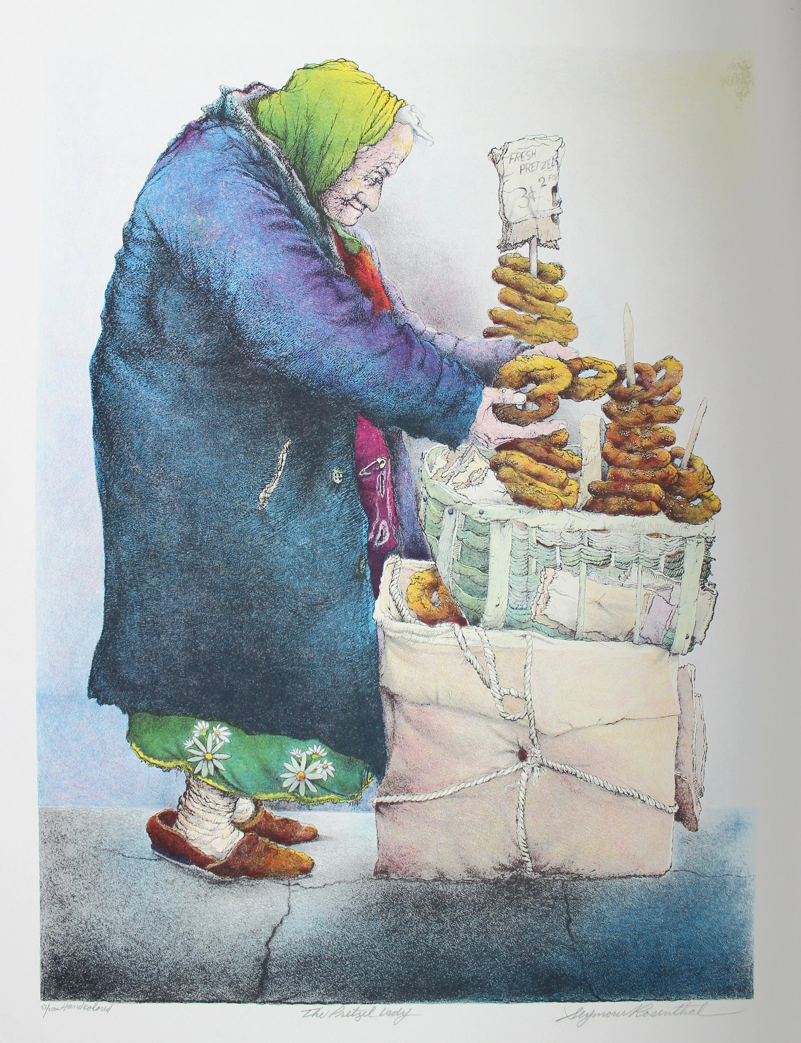 Seymour Rosenthal, The Pretzel Lady, Lithograph: Artist: Seymour Rosenthal, American (1921 - 2007) Title: The Pretzel Lady Year: circa 1980 Medium: Lithograph, signed and numbered in pencil Edition: 53/250 Size: 26.5 x 20.5 in. (67.31 x 52.07 cm)