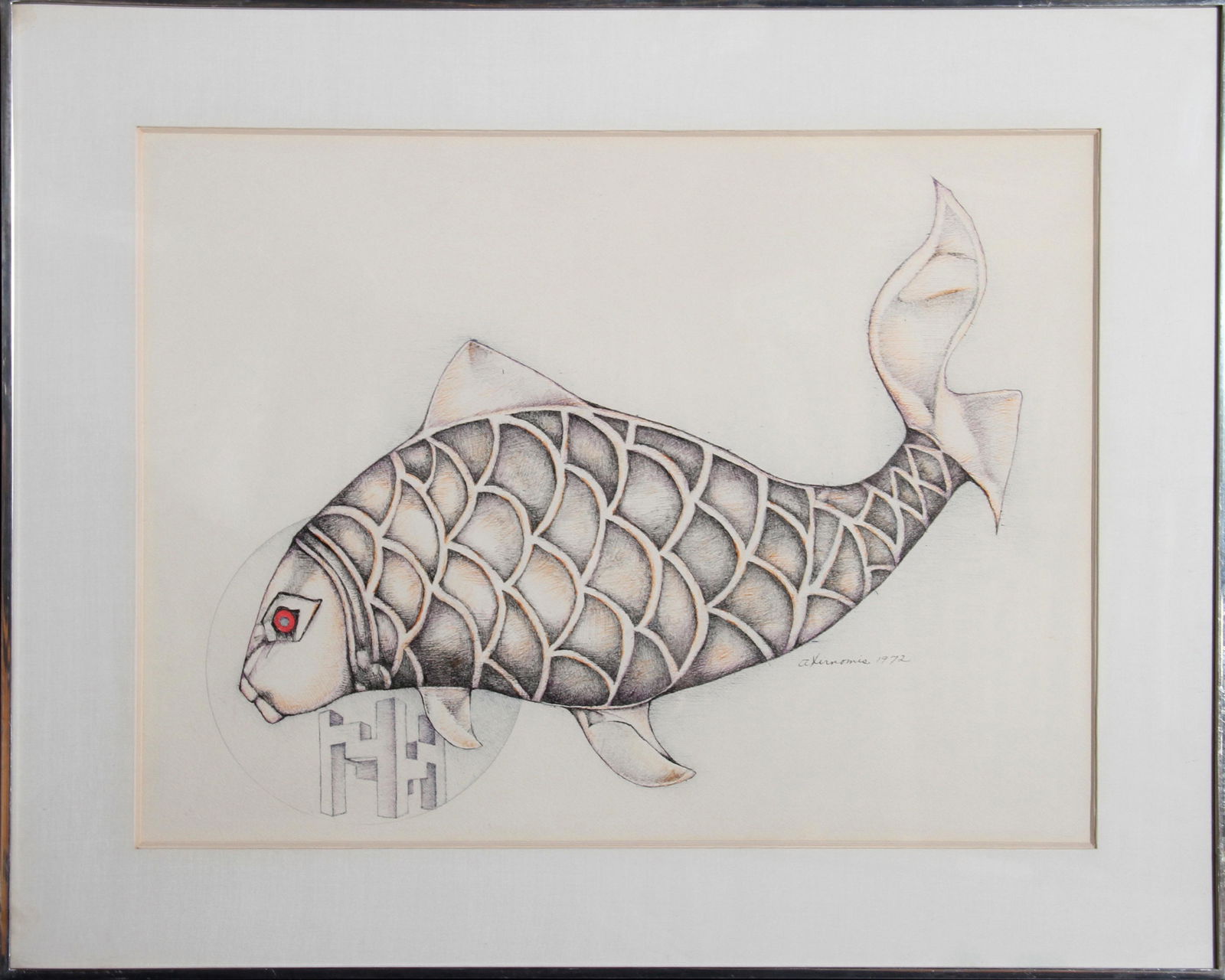 Rita Simon (aka Atirnomis), Fish, Etching: Artist: Rita Simon (aka Atirnomis), American (1938 - ) Title: Fish Year: 1972 Medium: Etching, signed and dated in the plate Size: 24 x 30.5 in. (60.96 x 77.47 cm)