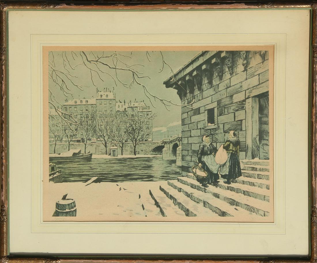 Tavik Franti_ek _imon, By the Seine in Winter, Color: Artist: Tavik Franti_ek _imon, Czech (1877 - 1942) Title: By the Seine in Winter Medium: Color Etching, signed in pencil Size: 12 in. x 16 in. (30.48 cm x 40.64 cm) Frame Size: 19 x 23 inches