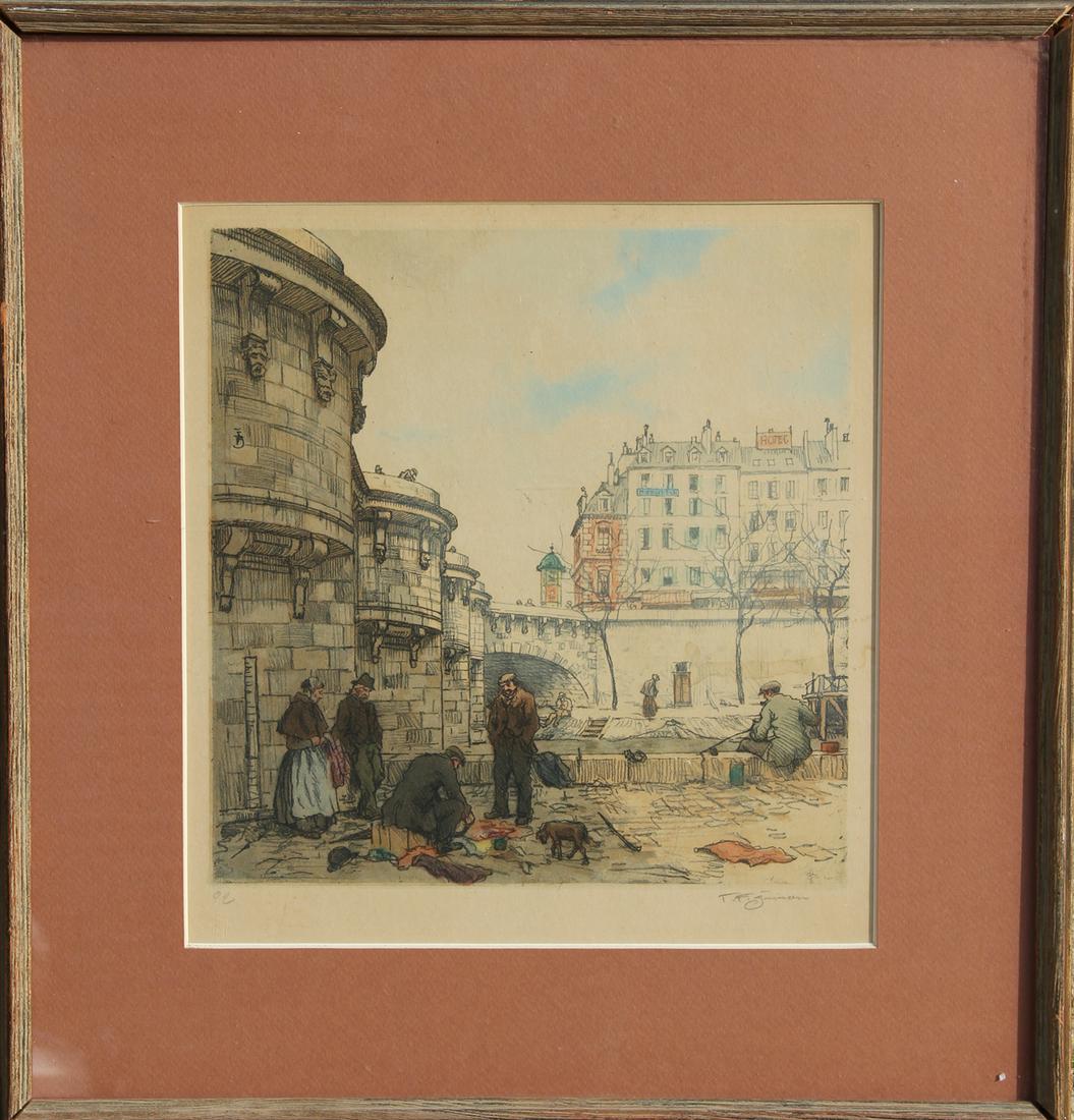 Tavik Franti_ek _imon, Rag-dealers under the Pont Neuf,: Artist: Tavik Franti_ek _imon, Czech (1877 - 1942) Title: Rag-dealers under the Pont Neuf, Paris Medium: Color Etching, signed in pencil Size: 12 in. x 12 in. (30.48 cm x 30.48 cm) Frame Size: 21 x 20