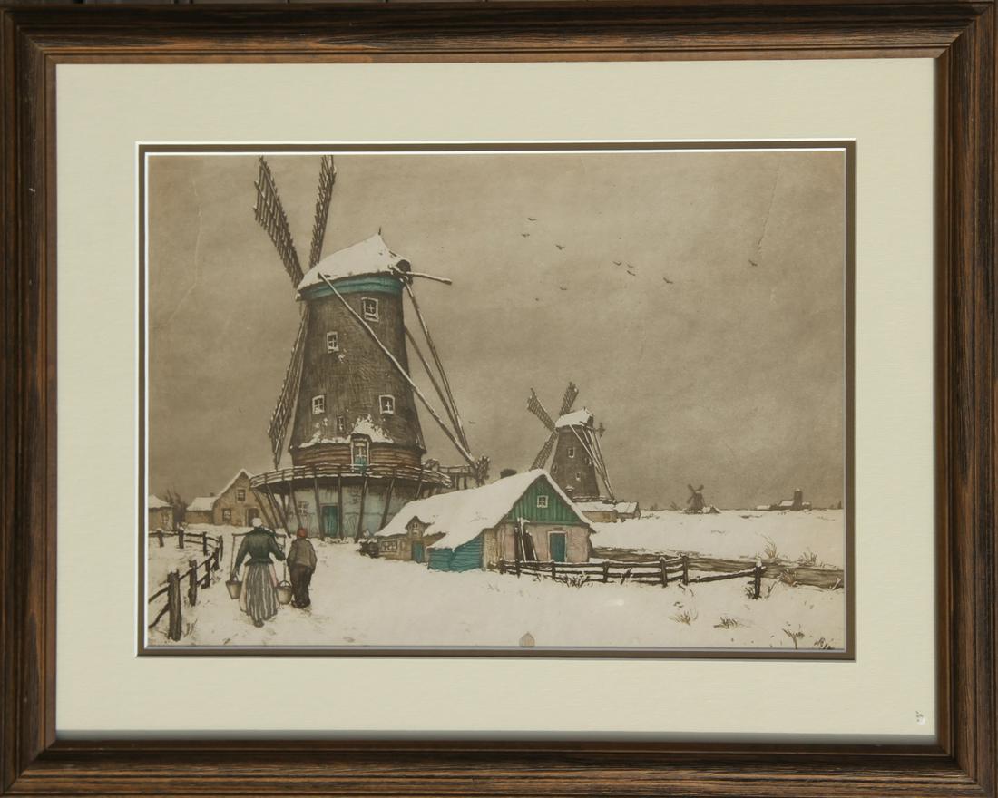 Tavik Franti_ek _imon, Dutch Landscape with Windmills,: Artist: Tavik Franti_ek _imon, Czech (1877 - 1942) Title: Dutch Landscape with Windmills, Winter Medium: Color Etching Size: 12 in. x 17 in. (30.48 cm x 43.18 cm) Frame Size: 20 x 25 inches