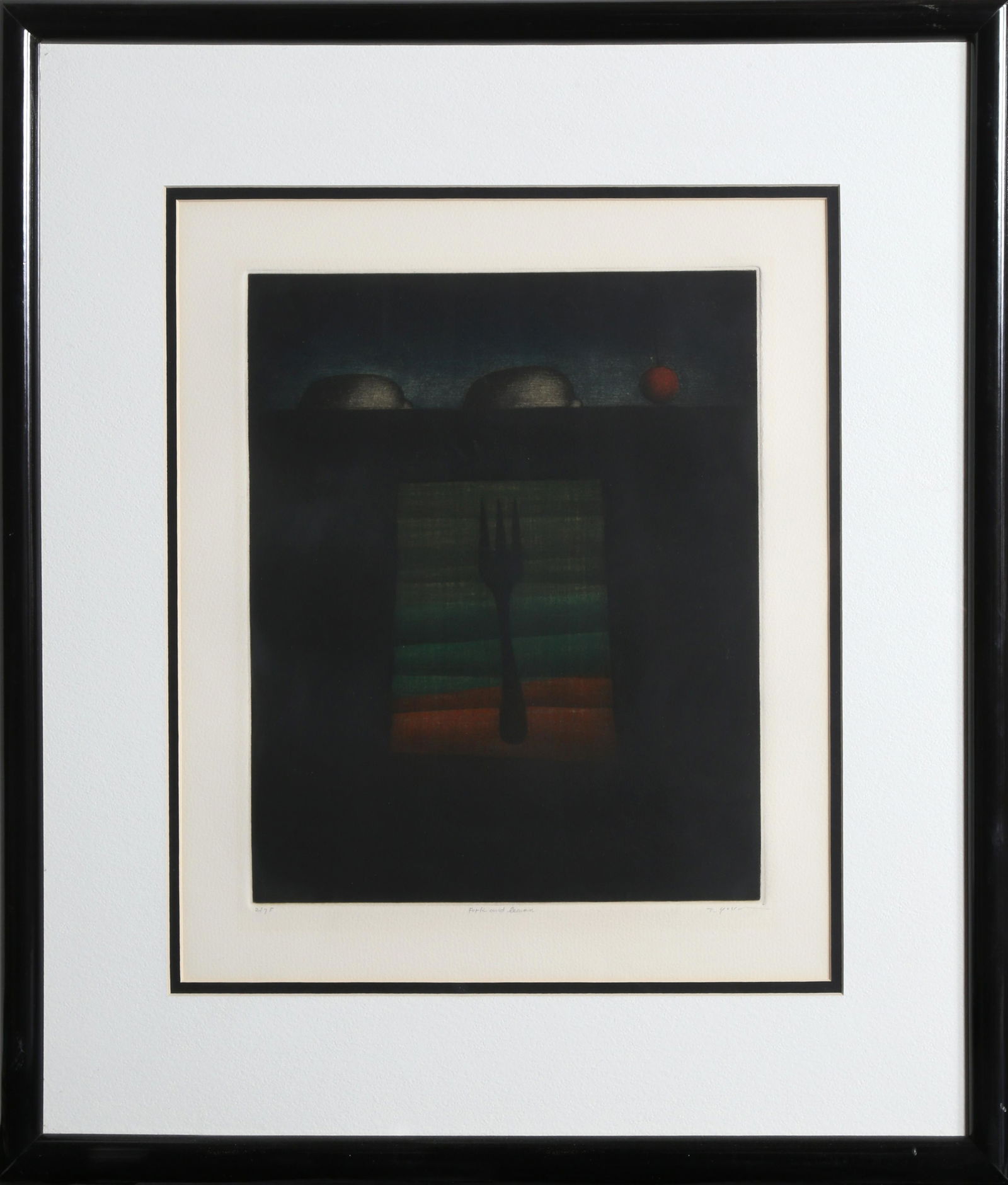 Tomoe Yokoi, Fork and Lemon, Mezzotint: Artist: Tomoe Yokoi, Japanese (1942 - ) Title: Fork and Lemon Year: circa 1985 Medium: Mezzotint, signed and numbered in pencil Edition: 2/75 Image Size: 13 x 10.5 inches Size: 16 x 14 in. (40.64 x 35