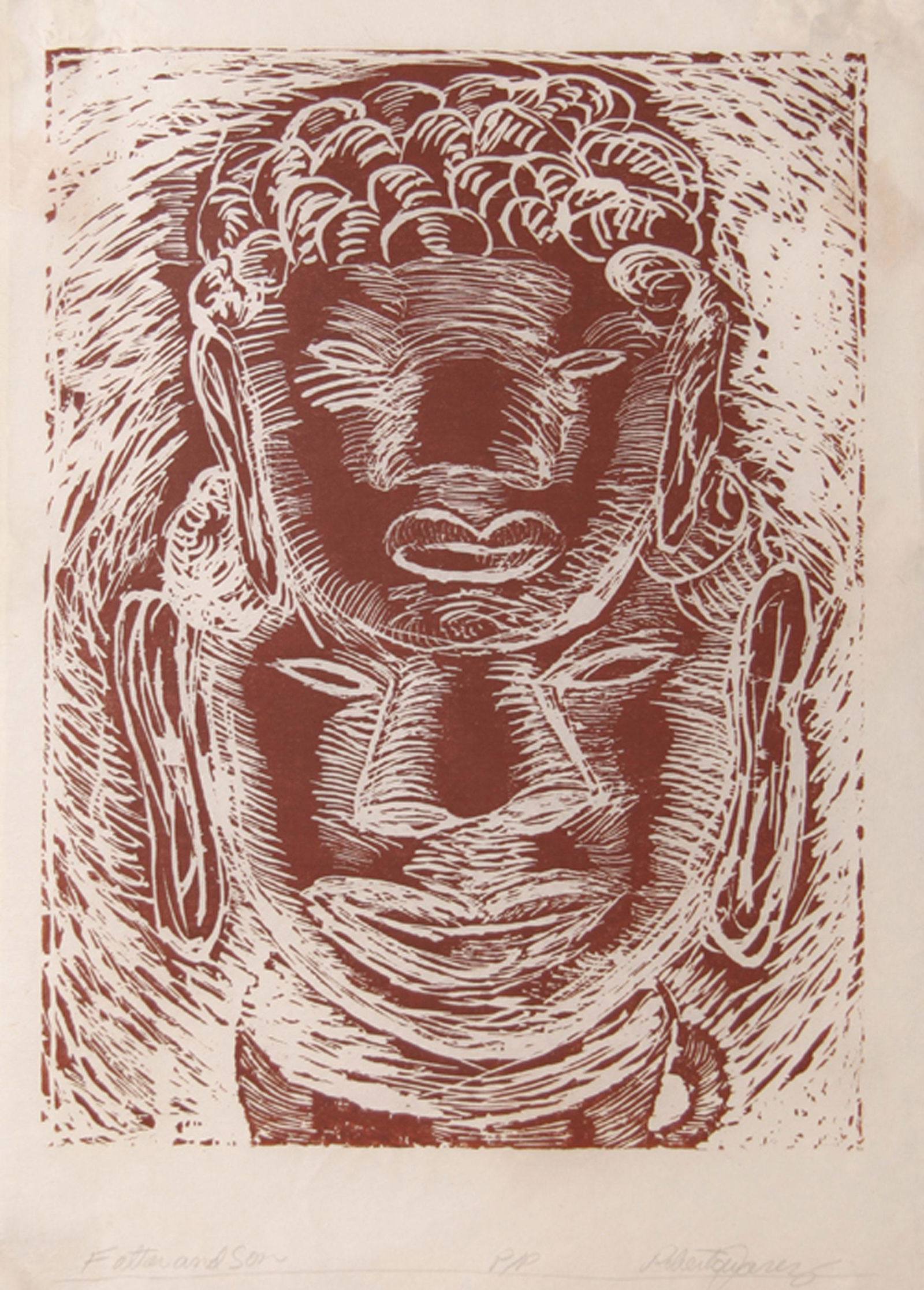 Roberto Juarez, Father and Son (Red), Woodcut: Artist: Roberto Juarez, American (1952 - ) Title: Father and Son (Red) Year: 1983 Medium: Woodcut on Wove Paper, Signed and Numbered in Pencil Edition: 15 Size: 31.5 in. x 25 in. (80.01 cm x 63.5 cm)