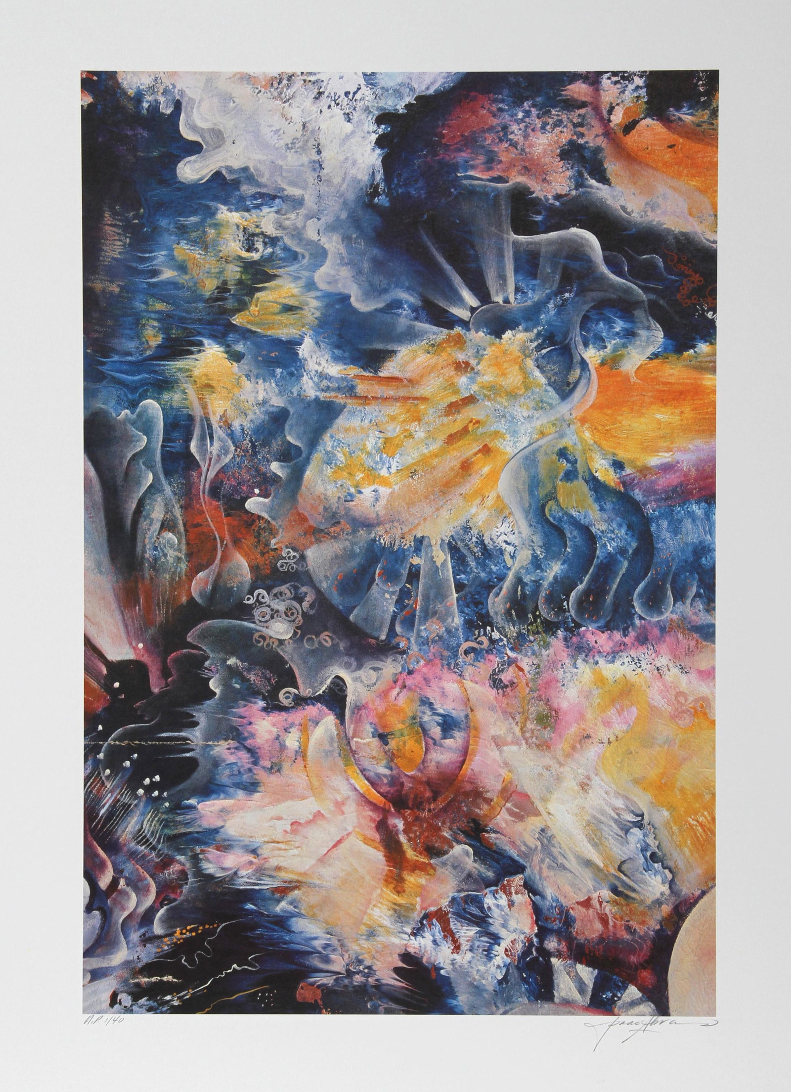 Isaac Abrams, Fire and Ice, Lithograph: Artist: Isaac Abrams, American (1939 - ) Title: Fire and Ice Year: 1979 Medium: Lithograph, Signed and Numbered in Pencil Edition: 250, AP 40 Image Size: 23 X 15 inches Size: 29 in. x 23 in. (73.6