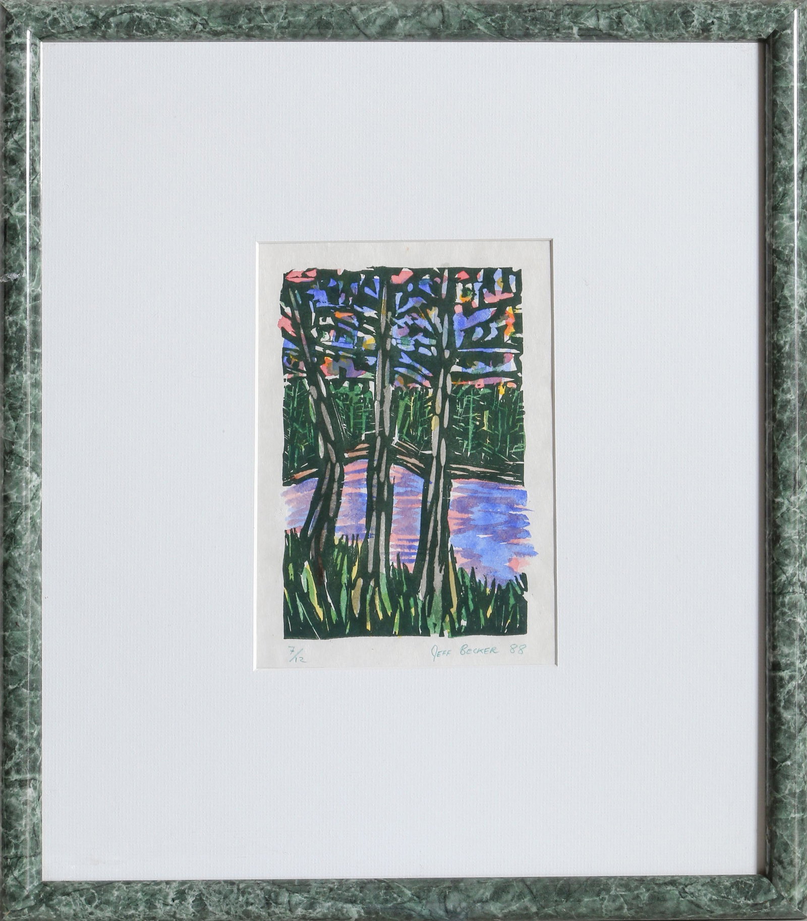 Jeff Becker, Trees and Stream, Lithograph: Artist: Jeff Becker Title: Trees and Stream Year: 1988 Medium: Lithograph, signed, numbered, and dated in pencil Edition: 7/12 Image Size: 8 x 5 inches Frame Size: 20 x 17 inches