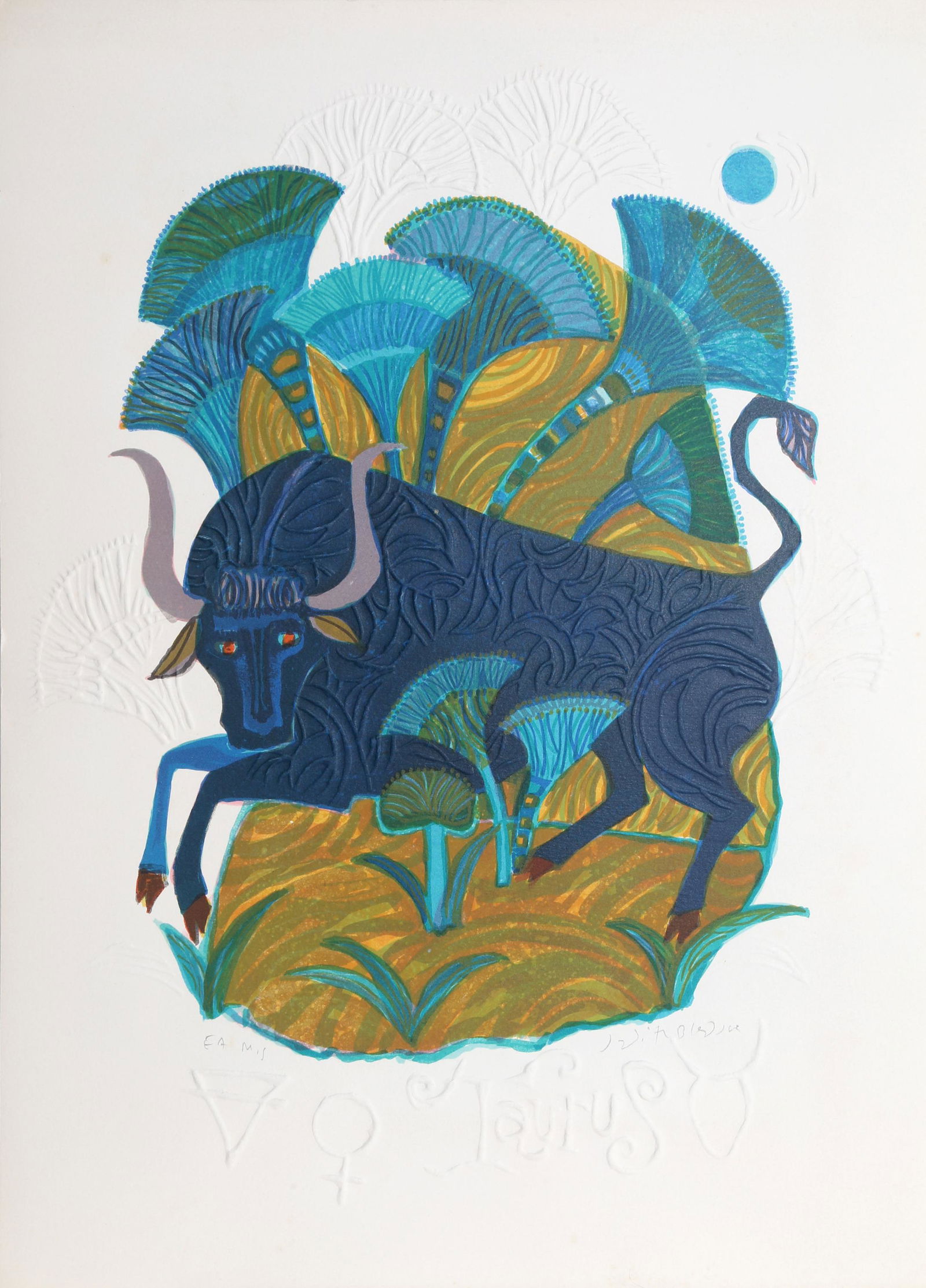 Judith Bledsoe, Taurus, Lithograph with Embossing: Artist: Judith Bledsoe, American (1938 - 2013) Title: Taurus from the Zodiac of Dreams Series Year: circa 1970 Medium: Lithograph with Embossing, signed in pencil Edition: EA Size: 21 x 14.5 in. (53.3