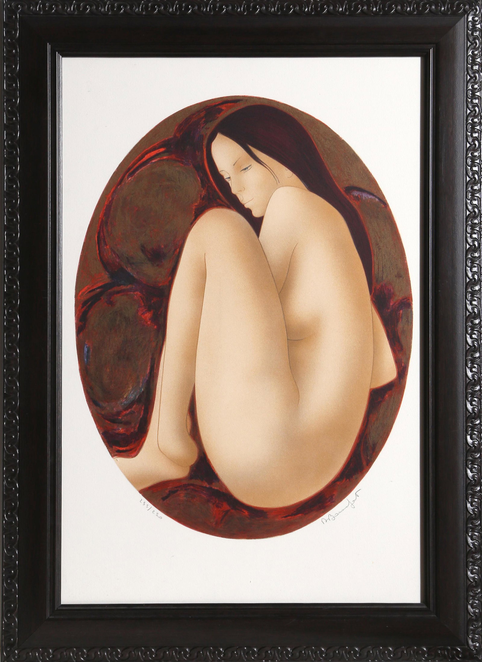 Alain Bonnefoit, Seated Brunette Nude, Lithograph: Artist: Alain Bonnefoit, French (1937 - ) Title: Seated Brunette Nude Year: 1981 Medium: Lithograph, signed and numbered in pencil Edition: 235/250 Image Size: 24 x 18 inches Size: 30 in. x 22 in.