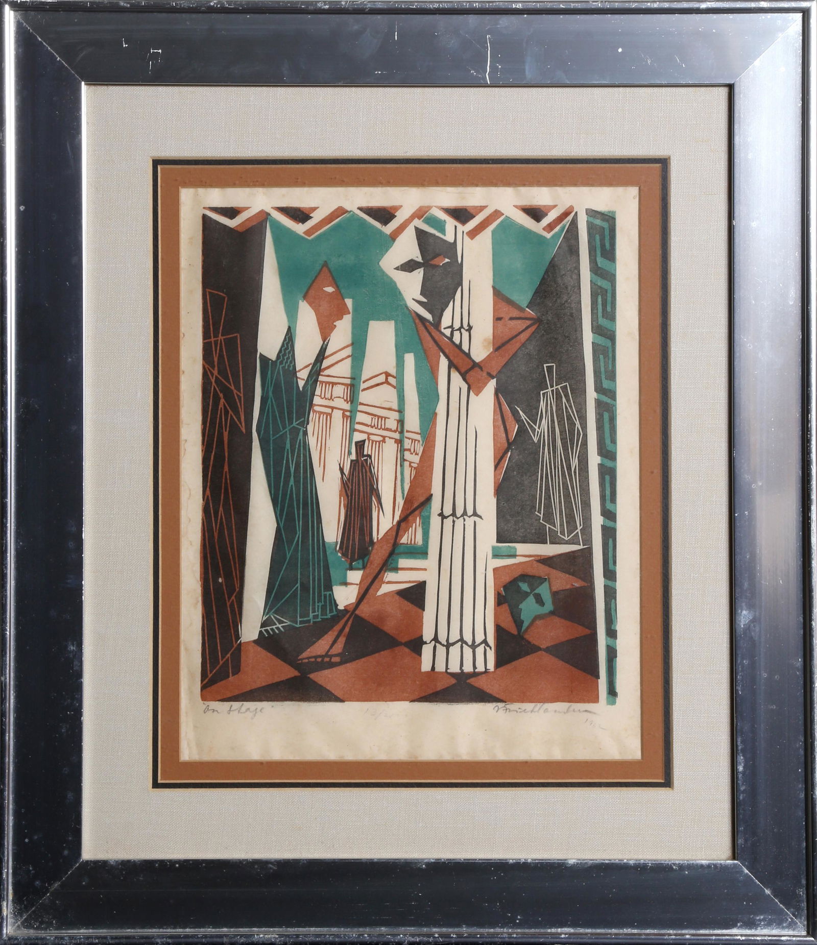 Isaac Friedlander, On Stage, Woodcut: Artist: Isaac Friedlander, American (1890 - 1968) Title: On Stage Year: 1962 Medium: Woodcut, signed, titled and numbered in pencil Edition: 13/25 Image Size: 12 x 10 inches Frame Size: 22.5 x 19